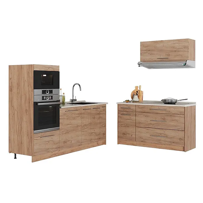 Küchenzeile Fame-Line 340 cm Goldkraft Eiche Art.-Nr. 63898 -  - Modulare Küchenzeile mit hellen Holzmaserungsschränken, integriertem Backofen, Mikrowelle, Kochfeld, Spüle und Dunstabzugshaube.