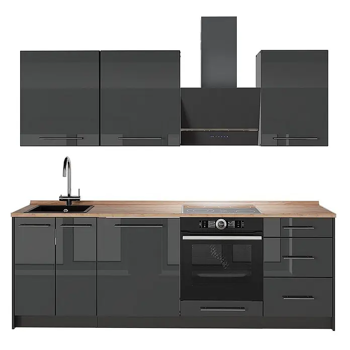 Vicco Küchenzeile Fame-Line, Anthrazit Hochglanz/Anthrazit, 230 cm -  - Dunkelgraue glänzende Modulküche mit Holzarbeitsplatte, Spüle, Armatur, Induktionskochfeld, Backofen und Dunstabzugshaube.