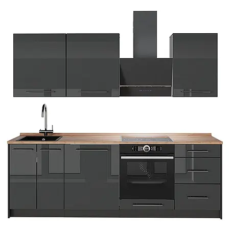Vicco Küchenzeile Fame-Line, Anthrazit Hochglanz/Anthrazit, 230 cm