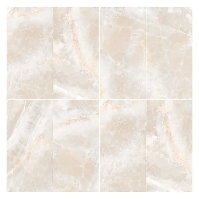 Feinsteinzeugfliese ONYX SUNRISE – 60 x 120 cm, Onyxoptik, Brillant -  - Helle beige Onyx-Marmorfliesen mit natürlicher Maserung, gitterförmig angeordnet.