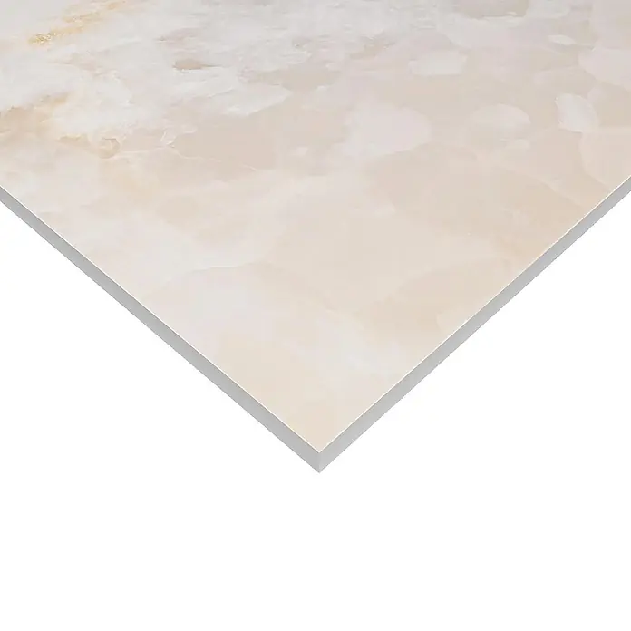 Feinsteinzeugfliese ONYX SUNRISE – 60 x 120 cm, Onyxoptik, Brillant -  - Helle beigefarbene Fliese in Onyx-Optik mit wolkigen Mustern.