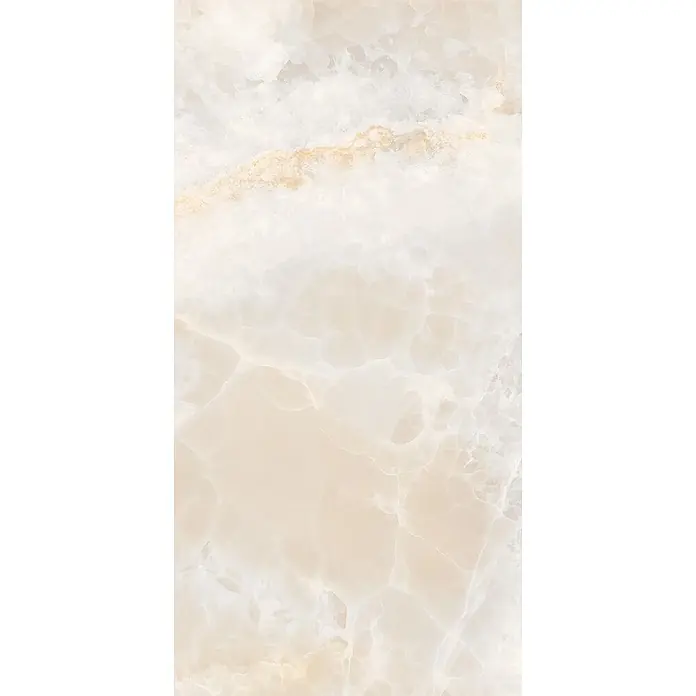 Feinsteinzeugfliese ONYX SUNRISE – 60 x 120 cm, Onyxoptik, Brillant -  - Transluzente cremefarbene und beige Onyx-Fliese mit subtilen goldenen Äderungen.