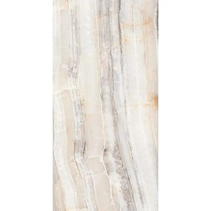 Feinsteinzeugfliese ONYX RAINBOW CLAIR – 60 x 120 cm, Onyxoptik, Brillant -  - Helle beige Onyx-Plattentextur mit vertikaler grauer und dezenter brauner Maserung.