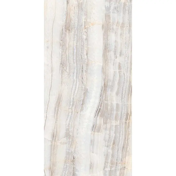 Feinsteinzeugfliese ONYX RAINBOW CLAIR – 60 x 120 cm, Onyxoptik, Brillant -  - Helle Onyx-Marmorfliese mit subtiler weißer, grauer und brauner vertikaler Maserung.