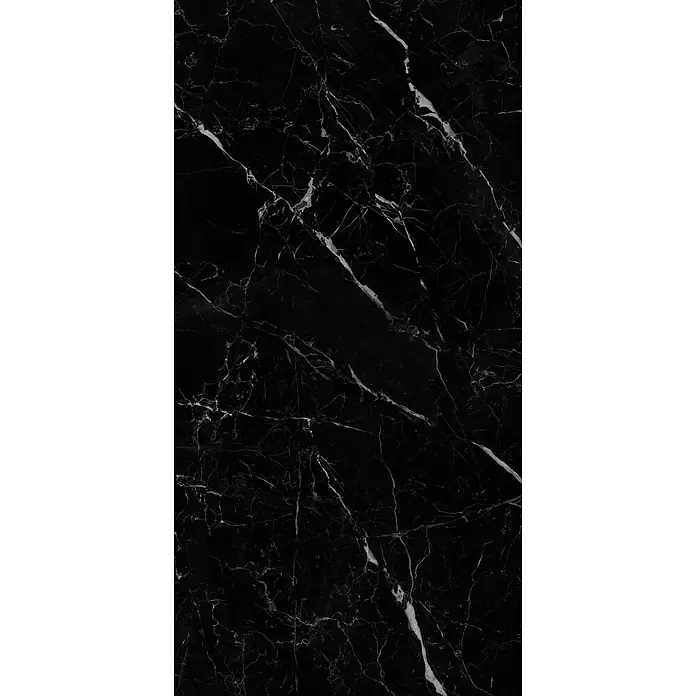 Feinsteinzeugfliese SAINT LAURENT – 60 x 120 cm, Marmoroptik, Brillant -  - Schwarze Marmoroberfläche mit weißen Adern, eine elegante natürliche Textur.