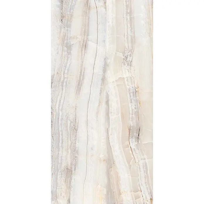 Feinsteinzeugfliese ONYX RAINBOW CLAIR – 60 x 120 cm, Onyxoptik, Brillant -  - Helle Onyx- oder Marmoroberfläche mit fließenden vertikalen beigen und weißen Maserungen.
