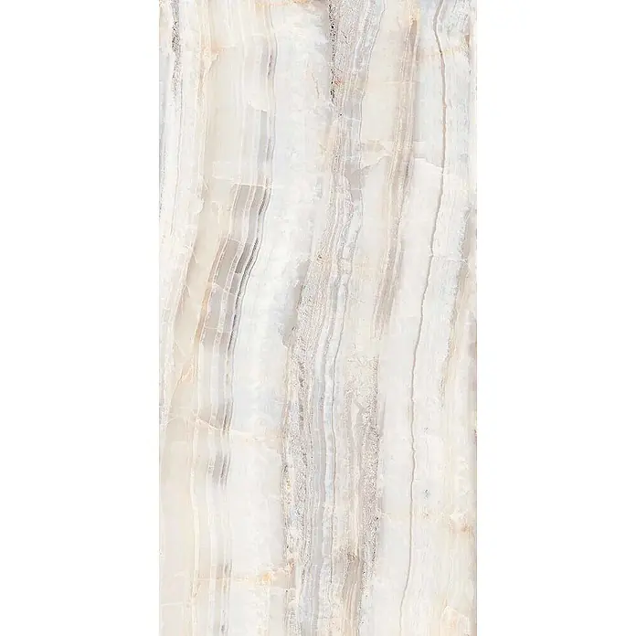 Feinsteinzeugfliese ONYX RAINBOW CLAIR – 60 x 120 cm, Onyxoptik, Brillant -  - Helle Onyx- oder Marmoroptik-Fliese mit zarter weißer, beiger und grauer vertikaler Maserung.