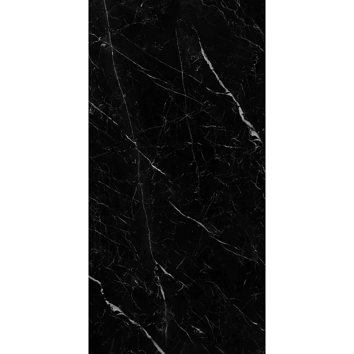 Feinsteinzeugfliese SAINT LAURENT – 60 x 120 cm, Marmoroptik, Brillant -  - Schwarze Marmoroberfläche mit aufwendiger weißer Maserung.