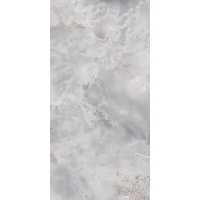 Feinsteinzeugfliese ONYX FLOW GRIS – 60 x 120 cm, Onyxoptik, Brillant -  - Hellgraues und weißes Marmormuster mit wolkiger, durchscheinender Maserung.