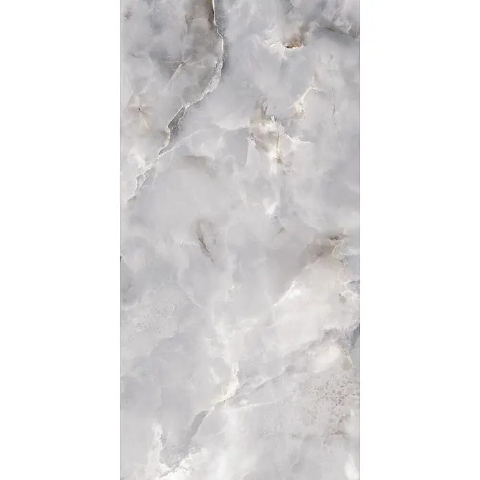 Feinsteinzeugfliese ONYX FLOW GRIS – 60 x 120 cm, Onyxoptik, Brillant -  - Helle graue Marmor- oder Onyx-Textur mit feinen dunkleren und goldenen Adern.