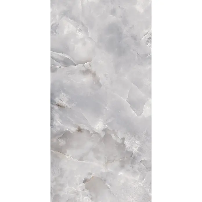 Feinsteinzeugfliese ONYX FLOW GRIS – 60 x 120 cm, Onyxoptik, Brillant -  - Hellgraue Marmorplatte mit weißer und dezenter brauner Äderung.
