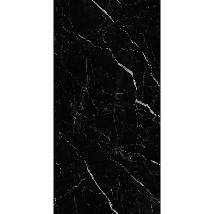 Feinsteinzeugfliese SAINT LAURENT – 60 x 120 cm, Marmoroptik, Brillant -  - Schwarzer Marmor mit weißen und grauen Adern.