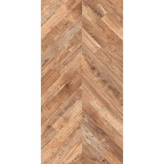 Feinsteinzeugfliese FISHWOOD LIGHT – 60 x 120 cm, Holzoptik, Mat -  - Rustikaler Holzfußboden im Fischgrätmuster, mit verschiedenen Naturtönen von Braun und sichtbarer Maserung.