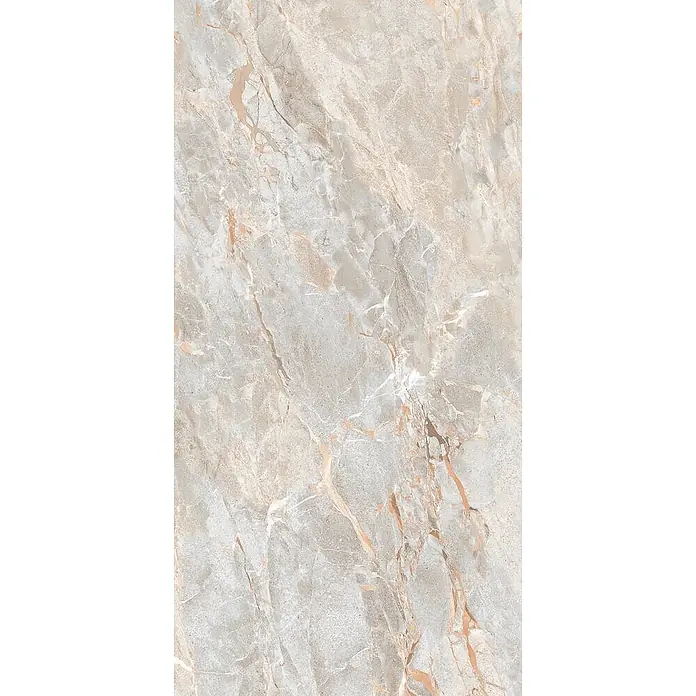 Feinsteinzeugfliese SARRANCOLIN LIGHT – 60 x 120 cm, Marmoroptik, Brillant -  - Helle graue Marmorfliese mit warmen orangefarbenen und weißen Maserungen für Böden oder Wandverkleidungen.