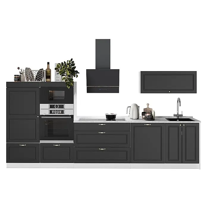 Vicco Küchenzeile - Breite: 340 cm, Anthrazit-Gold Landhaus, Ohne Elektrogeräte - Dunkelgraue Küche mit integriertem Backofen, Mikrowelle, Induktionskochfeld, Dunstabzugshaube und Spüle. Weiße Arbeitsplatte und goldene Griffe.