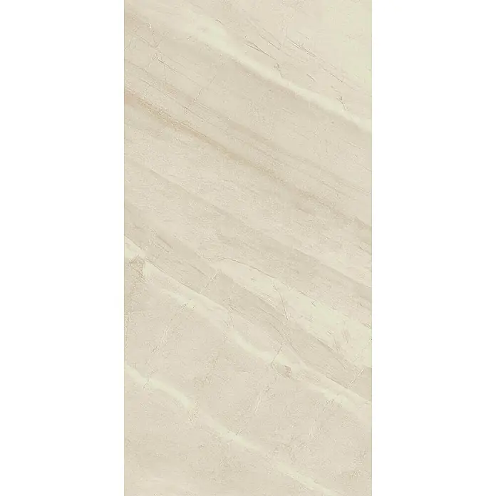 Feinsteinzeugfliese MARRAKESH CREME – 60 x 120 cm, Marmoroptik, Brillant -  - Beigefarbene Marmoroptik-Fliese mit ausgeprägter diagonaler cremefarbener und hellbrauner Maserung, ideal für moderne Böden oder Wände.