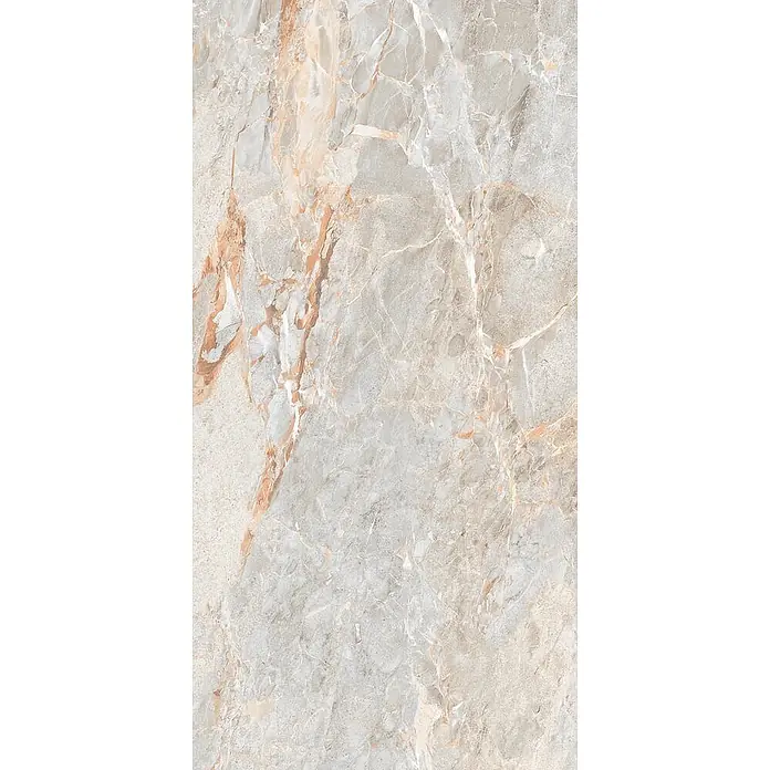 Feinsteinzeugfliese SARRANCOLIN LIGHT – 60 x 120 cm, Marmoroptik, Brillant -  - Hellgraue/beige Marmorplatte mit markanten rötlich-braunen Adern.