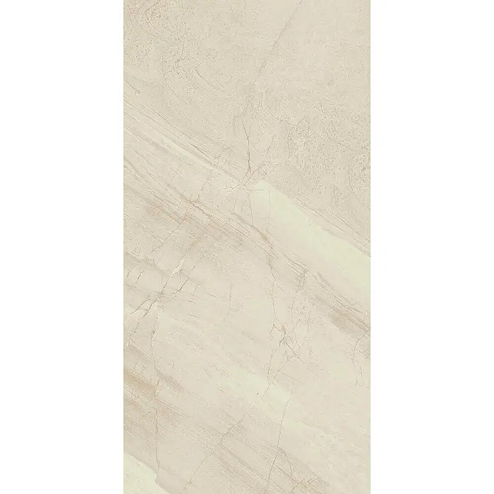 Feinsteinzeugfliese MARRAKESH CREME – 60 x 120 cm, Marmoroptik, Brillant -  - Helle beigefarbene Marmoroberfläche mit auffälliger diagonaler Maserung.