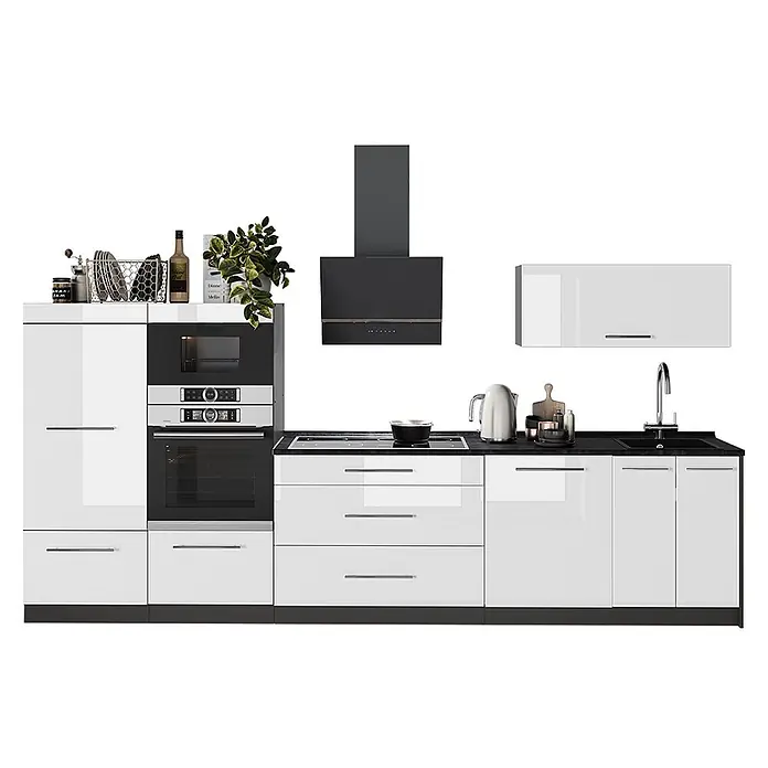Vicco Küchenzeile - Breite: 340 cm, Weiß Hochglanz, Ohne Elektrogeräte - Moderne Küchenzeile mit weißen Hochglanzschränken, schwarzen Arbeitsplatten, integrierten Geräten und einer schwarzen Dunstabzugshaube.