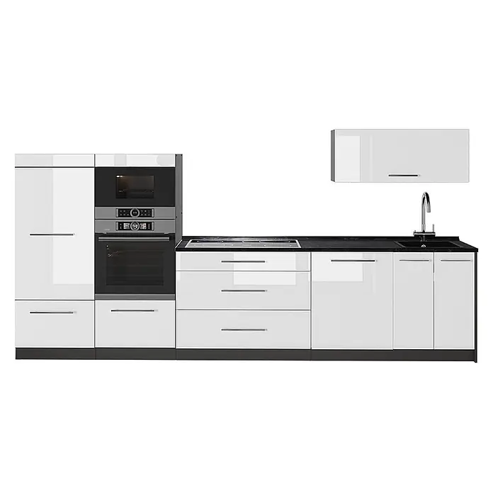 Vicco Küchenzeile - Breite: 340 cm, Weiß Hochglanz, Ohne Elektrogeräte - Moderne weiße Hochglanzküche mit dunkler Arbeitsplatte, integriertem Backofen, Mikrowelle, Kochfeld und Spüle.
