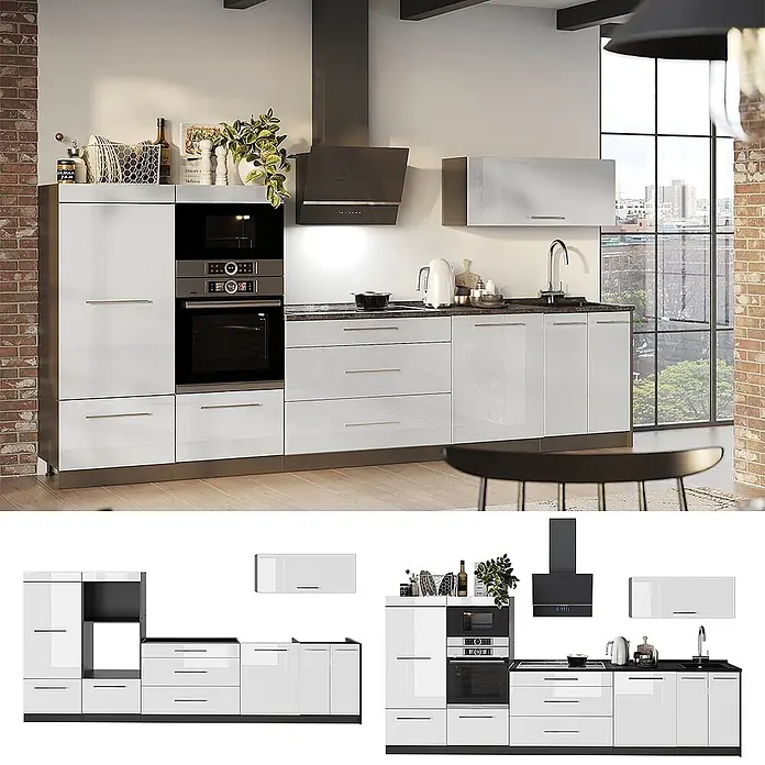Vicco Küchenzeile - Breite: 340 cm, Weiß Hochglanz, Ohne Elektrogeräte - Moderne hochglanzweiße Küche mit schwarzen Einbaugeräten und dunklen Arbeitsplatten in einem modernen Zuhause.