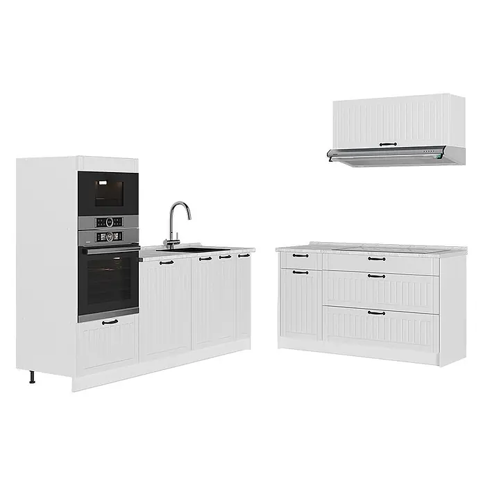 Vicco Küchenzeile - Breite: 340 cm, Weiß Landhaus, Ohne Elektrogeräte - Weißes modulares Küchenset mit Einbaugeräten, Spüle und Dunstabzugshaube, mit gerillten Schranktüren und schwarzen Griffen.