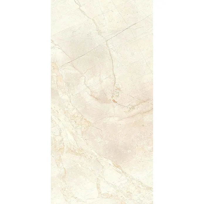 Feinsteinzeugfliese VIVALDI BONE – 60 x 120 cm, Onyxoptik, Brillant -  - Helle beige Marmorfliese mit warmen orange-braunen Maserungen.