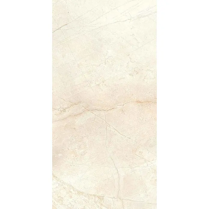 Feinsteinzeugfliese VIVALDI BONE – 60 x 120 cm, Onyxoptik, Brillant -  - Cremefarbene Marmorfliese mit subtiler, hellbrauner und pfirsichfarbener Maserung, die ein Natursteinmuster zeigt.