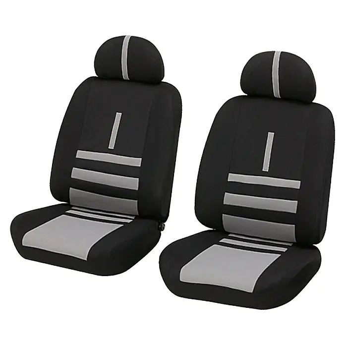 UniTEC Autositz-Bezugs-Set Twin - 6 -tlg., Schwarz/Beige, Geeignet für: PKWs - Abbildung von zwei schwarzen Autositzbezügen mit grauen Streifen. Die Bezüge sind für eine einfache Installation und Wartung konzipiert.