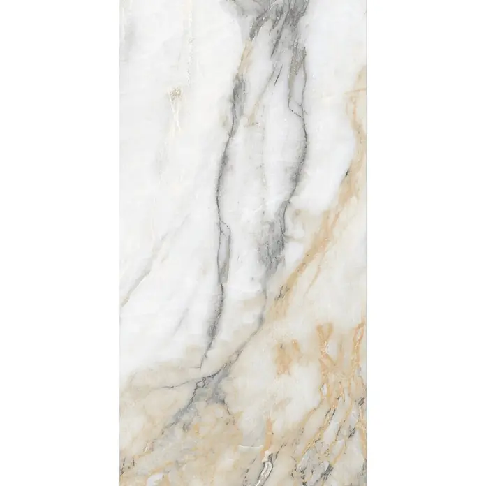 Feinsteinzeugfliese CHINA GOLD – 60 x 120 cm, Marmoroptik, Brillant -  - Weißer Marmor mit grauen und orange-braunen Adern, ideal für moderne Oberflächen.