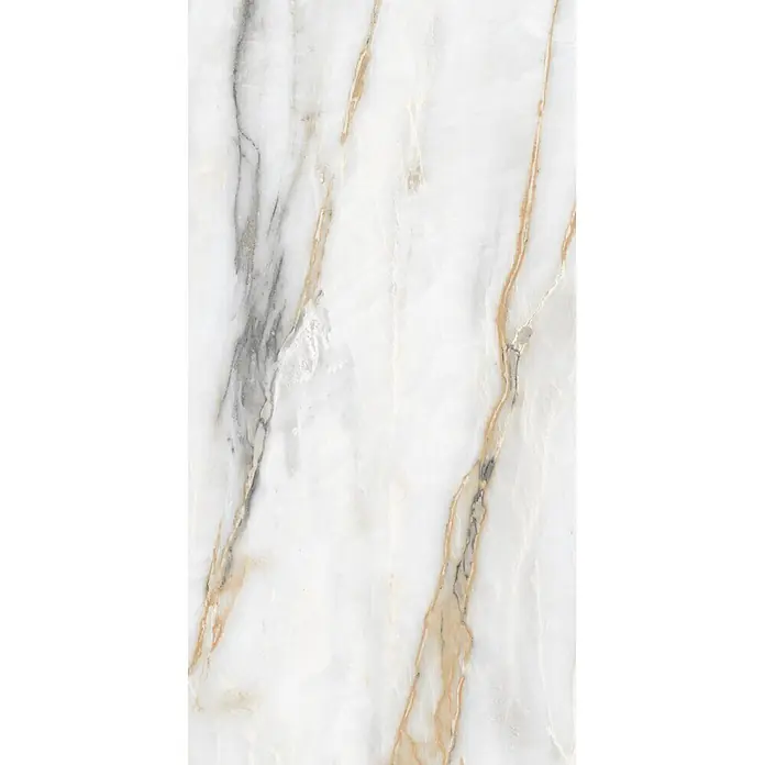 Feinsteinzeugfliese CHINA GOLD – 60 x 120 cm, Marmoroptik, Brillant -  - Weiße Marmorplatte mit goldbraunen und grauen Adern, ideal für Oberflächen.