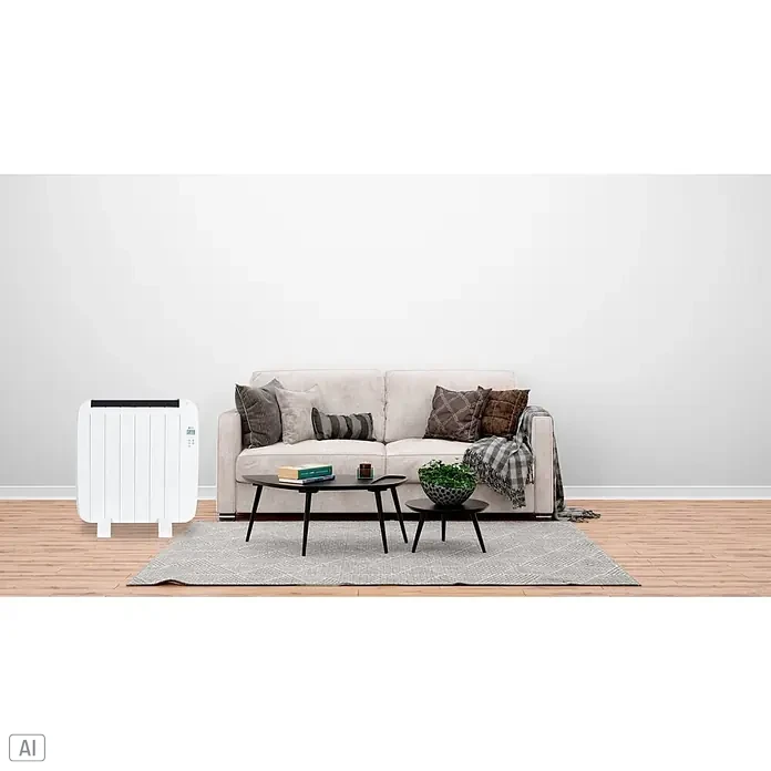 Haverland Emisor térmico - 900 W, Blanco, 5,5 x 55,5 x 57,5 cm, Seco - Radiador eléctrico blanco situado en una sala de estar moderna junto a un sofá claro.
