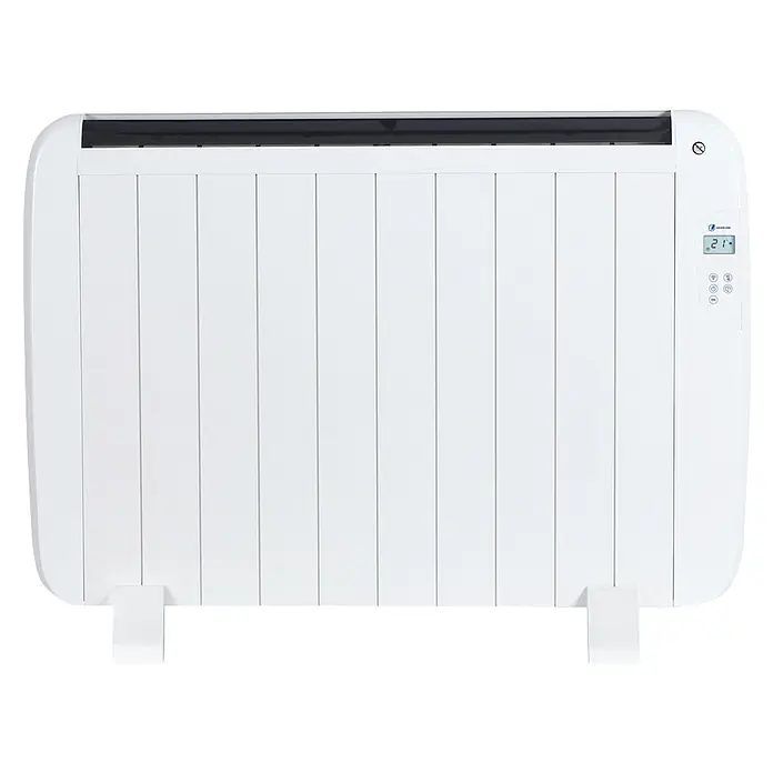 Haverland Emisor térmico - 1.500 W, Blanco, 5,5 x 76,5 x 57,5 cm, Seco - Radiador eléctrico blanco con aletas verticales y pantalla digital que muestra '21'.