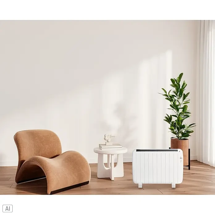 Haverland Emisor térmico - 1.500 W, Blanco, 5,5 x 76,5 x 57,5 cm, Seco - Calefactor eléctrico blanco sobre suelo de madera en un acogedor salón.