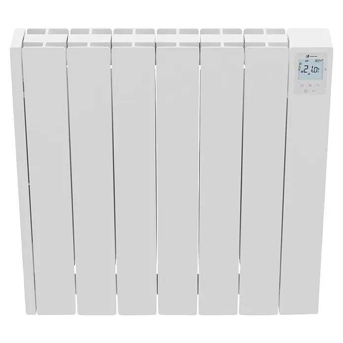 Haverland Emisor térmico Cube WiFi - 1.000 W, Blanco, 5,91 x 58 x 58,1 cm, Fluido - Radiador eléctrico blanco con aletas verticales y una pantalla digital que muestra temperatura y hora.