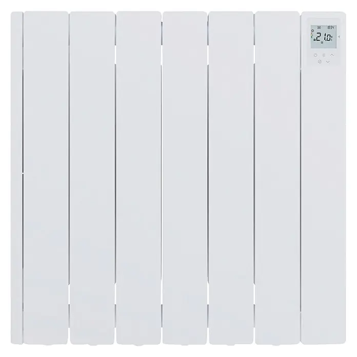 Haverland Emisor térmico Cube WiFi - 1.000 W, Blanco, 5,91 x 58 x 58,1 cm, Fluido - Radiador eléctrico blanco con pantalla digital que muestra 21,0 grados y la hora 18:34.