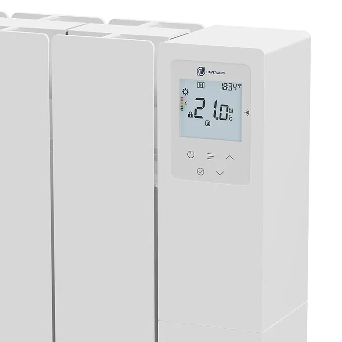 Haverland Emisor térmico Cube WiFi - 1.000 W, Blanco, 5,91 x 58 x 58,1 cm, Fluido - Radiador eléctrico blanco con pantalla digital mostrando la marca HAVERLAND, hora y temperatura.
