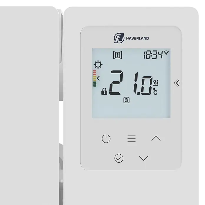 Haverland Emisor térmico Cube WiFi - 1.000 W, Blanco, 5,91 x 58 x 58,1 cm, Fluido - Panel de control digital de termostato blanco Haverland que muestra 21.0°C, hora y ajustes.