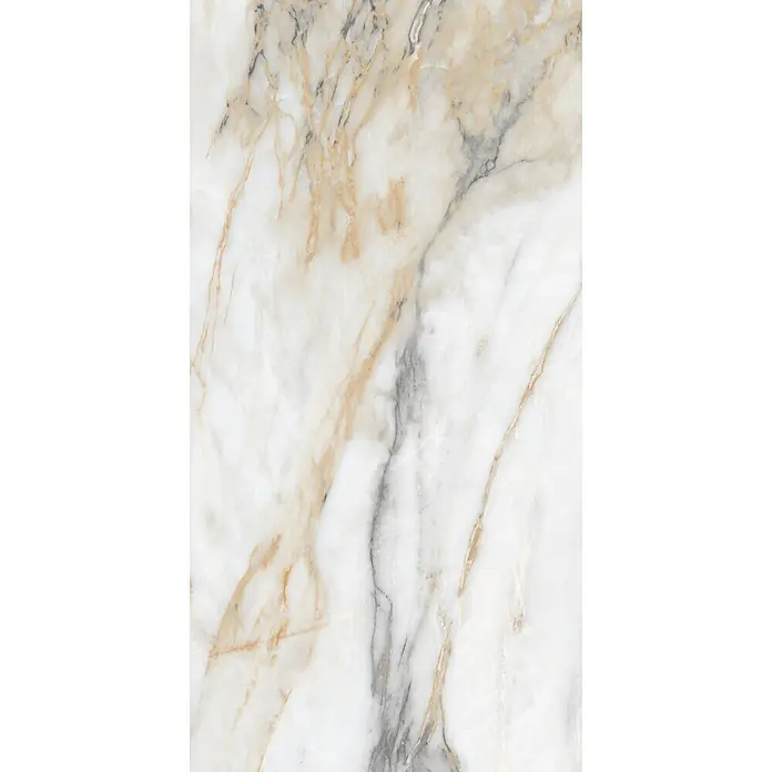 Feinsteinzeugfliese CHINA GOLD – 60 x 120 cm, Marmoroptik, Brillant -  - Weiße Marmorplatte mit natürlichen grauen und goldbraunen Äderungen.