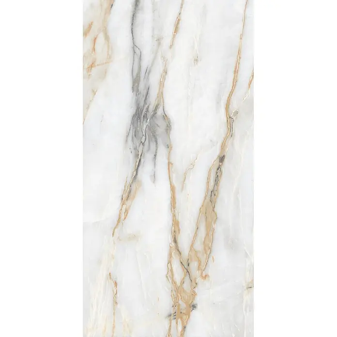Feinsteinzeugfliese CHINA GOLD – 60 x 120 cm, Marmoroptik, Brillant -  - Weißer Marmor mit markanten goldenen und grauen Adern, ideal für Luxusoberflächen.