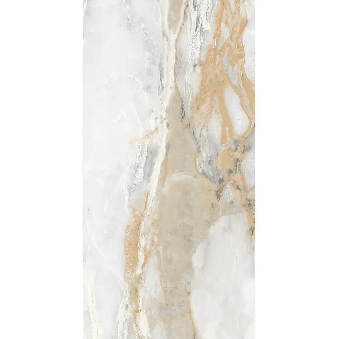 Feinsteinzeugfliese CHINA GOLD – 60 x 120 cm, Marmoroptik, Brillant -  - Weiße Marmorplatte mit ausgeprägten grauen und goldbraunen Adern, ideal für luxuriöse Oberflächen.