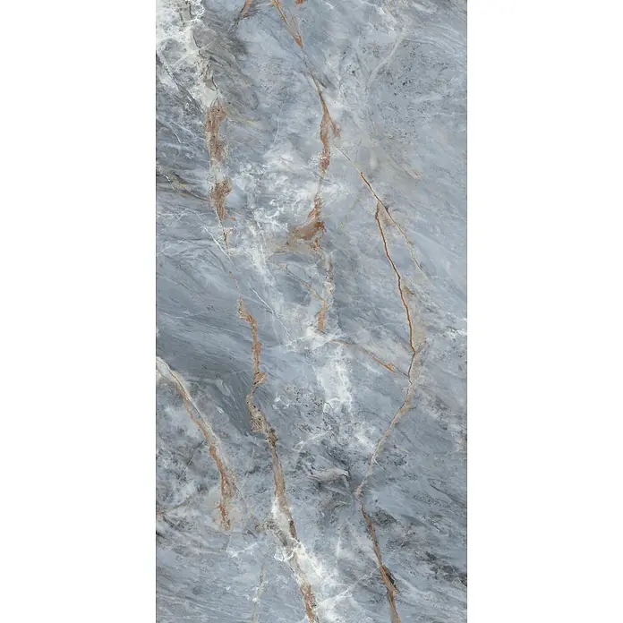 Feinsteinzeugfliese IMPERIUM BLEU – 60 x 120 cm, Marmoroptik, Dekor -  - Blaugrauer Marmor mit ausgeprägter rotbrauner und weißer Maserung.