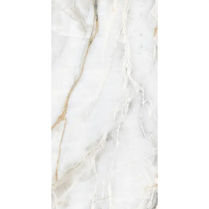 Feinsteinzeugfliese CHINA GOLD – 60 x 120 cm, Marmoroptik, Brillant -  - Weißer Marmor mit fließenden goldenen und grauen Adern.