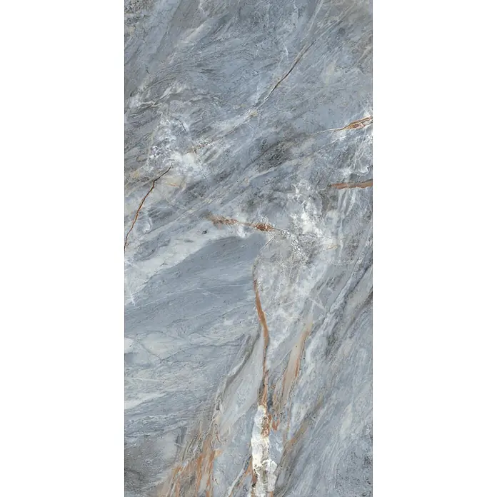 Feinsteinzeugfliese IMPERIUM BLEU – 60 x 120 cm, Marmoroptik, Dekor -  - Blaugraue Marmorplatte mit weißen und rotbraunen Adern, geeignet für moderne Oberflächen.
