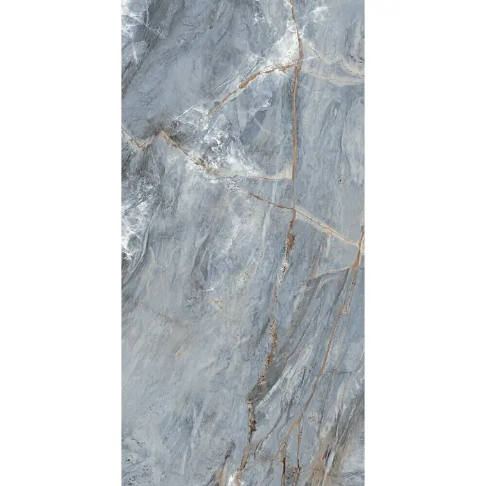 Feinsteinzeugfliese IMPERIUM BLEU – 60 x 120 cm, Marmoroptik, Dekor -  - Blaugraue Marmorplatte mit markanten rotbraunen und weißen Adern, ideal für elegante Oberflächen.