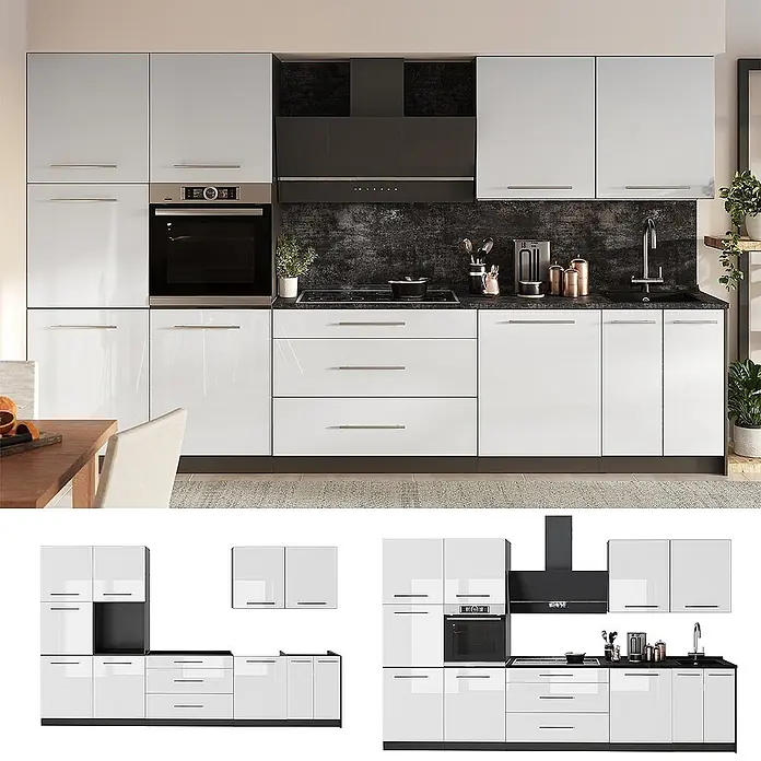 Vicco Küchenzeile - Breite: 340 cm, Weiß Hochglanz, Ohne Elektrogeräte - Moderne Küchenzeile in Weiß Hochglanz und Hellgrau, mit schwarzer Arbeitsplatte, integriertem Backofen, Kochfeld, Spüle und Dunstabzugshaube.