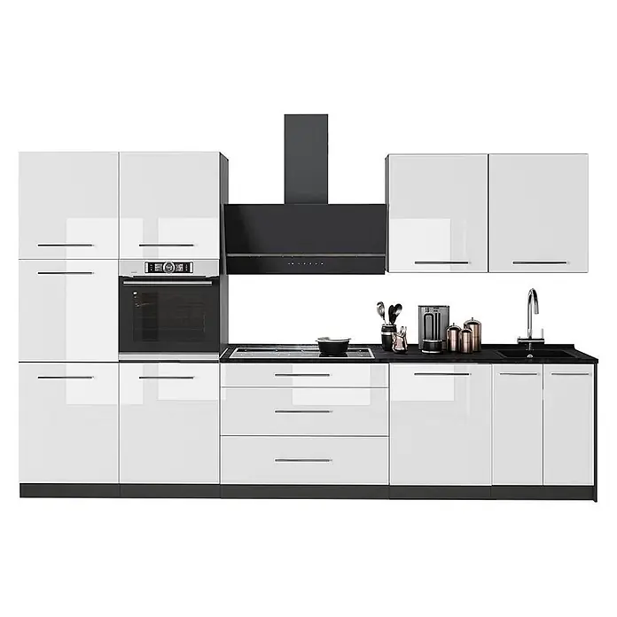 Vicco Küchenzeile - Breite: 340 cm, Weiß Hochglanz, Ohne Elektrogeräte - Moderne Küchenzeile mit hochglänzenden weißen Schränken, schwarzen Arbeitsplatten und integriertem Backofen, Kochfeld, Spüle und Dunstabzugshaube.