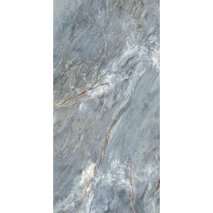 Feinsteinzeugfliese IMPERIUM BLEU – 60 x 120 cm, Marmoroptik, Dekor -  - Graue Marmorplatte mit weißen und rotbraunen Adern.