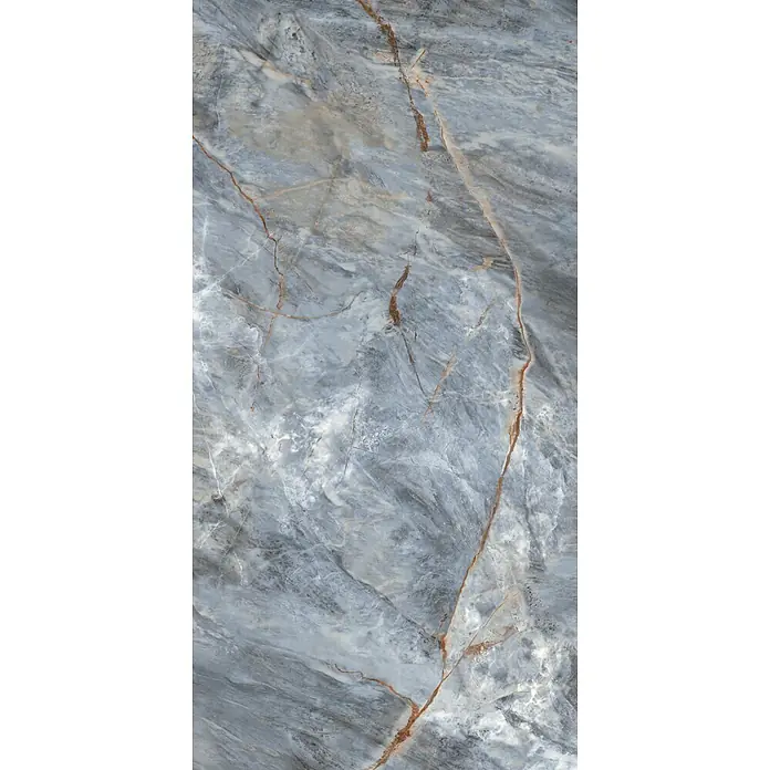 Feinsteinzeugfliese IMPERIUM BLEU – 60 x 120 cm, Marmoroptik, Dekor -  - Blaugraue Marmorplatte mit markanten rotbraunen und weißen Adern, geeignet für Böden oder Arbeitsplatten.