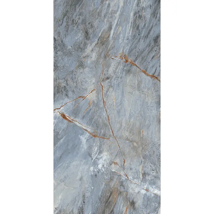 Feinsteinzeugfliese IMPERIUM BLEU – 60 x 120 cm, Marmoroptik, Dekor -  - Blaugraue Marmortextur mit markanter rotbrauner Äderung, geeignet für Boden- oder Wandverkleidung.